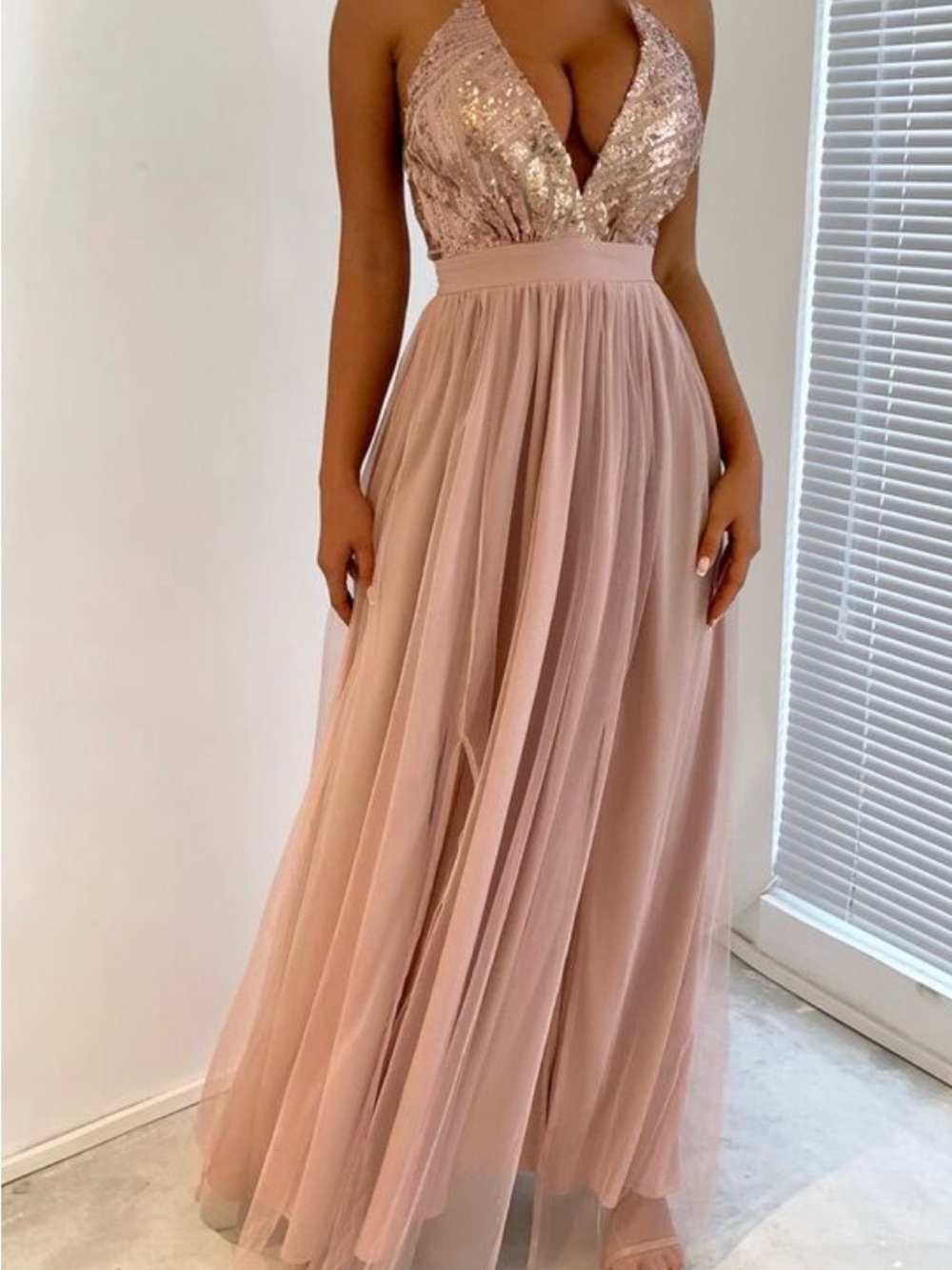 Elegant Blush Halter Sequin Bodice Maxi Dress